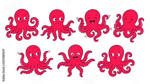 Cute cartoon octopuses showing various emotions and activities