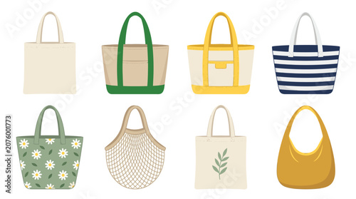 Collection of various stylish tote and shopping bags in different designs and colors