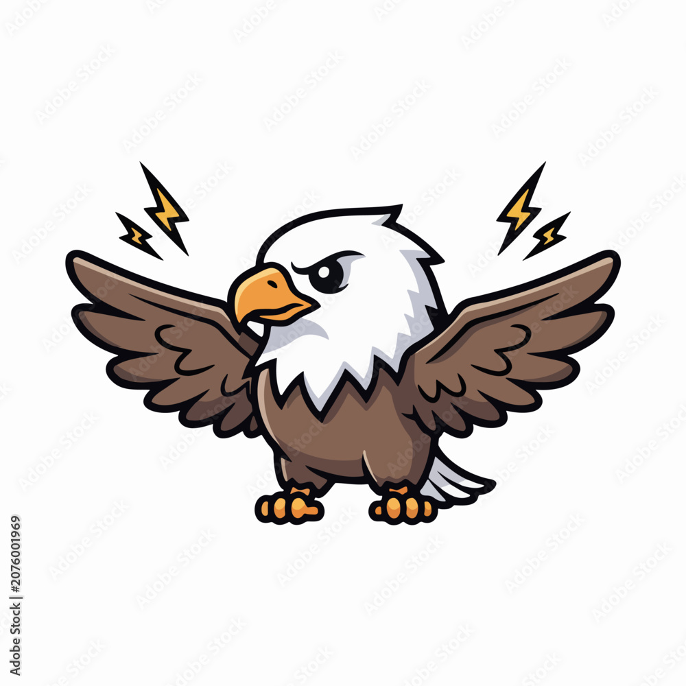 Fototapeta premium Cartoon bald eagle with spread wings and lightning, full body shot, displaying power, vector illustration style, bright studio light, on clean white background.