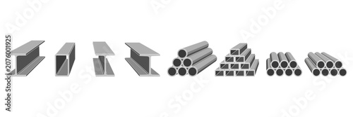 Assorted metal profiles and pipes in various shapes and sizes for industrial use
