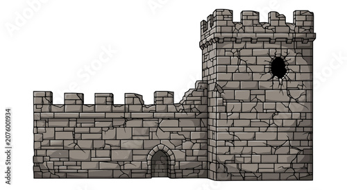 Ruined Medieval Stone Castle Wall Vector Design Illustration Featuring A Fortified Tower With Cracks And Damage For Fantasy Game Assets