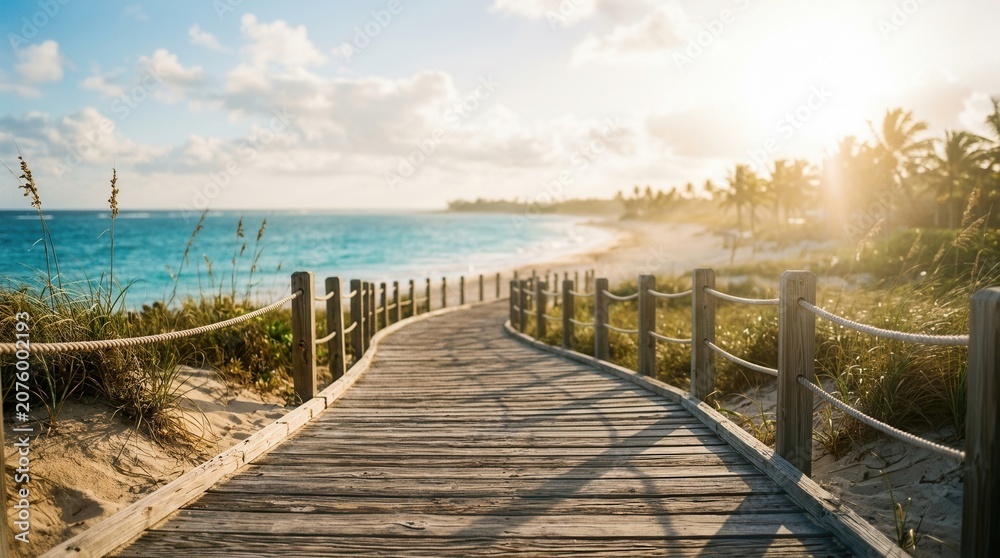 Obraz premium Wooden Boardwalk Path Leading to a Tropical Beach Paradise at Sunrise.