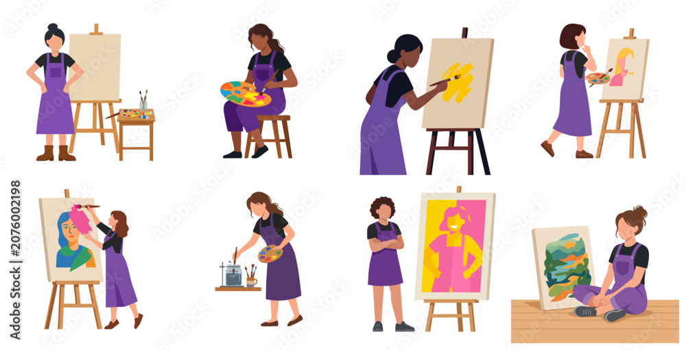 Fototapeta premium Diverse Women Artists Collection with Easels, Canvases, and Paint Palettes in Flat Vector Illustration Style