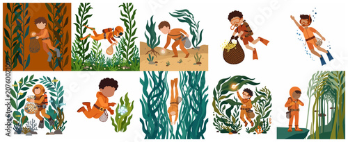 Foto Set of diverse cartoon divers exploring underwater seaweed forests and collecting pearls in the ocean