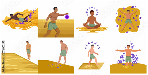 Fotografija Surreal illustrations of a man interacting with golden liquid, representing mindfulness, meditation, and psychological well-being