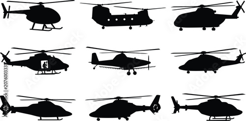 Fotografie Collection of black helicopter silhouette vector illustrations showing diverse a