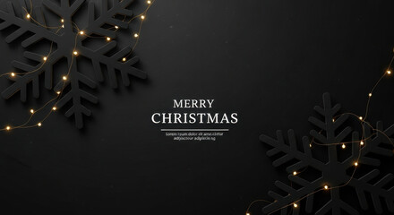 Elegant dark snowflake decorations with glowing fairy lights on black background providing professional christmas festive seasonal backdrop.