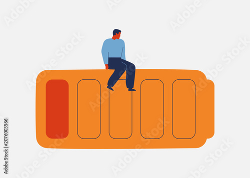 Burnout concept with sad businessman with apathy and depress. man sits on the big battery with low energy. vector illustration