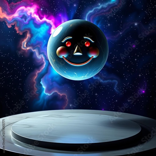 Celestial body with smiling face hovering above circular table, ||stars, cosmos