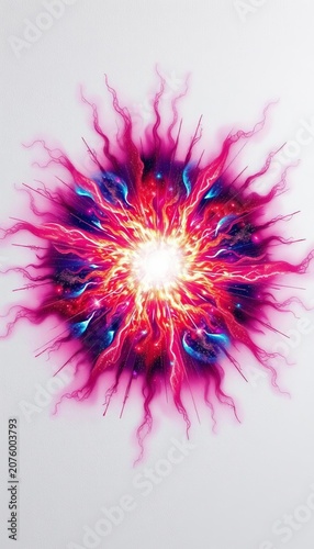 Cosmic energy burst unfolding across a textured white background, tendrils radiating in all directions, burst of energy, textured