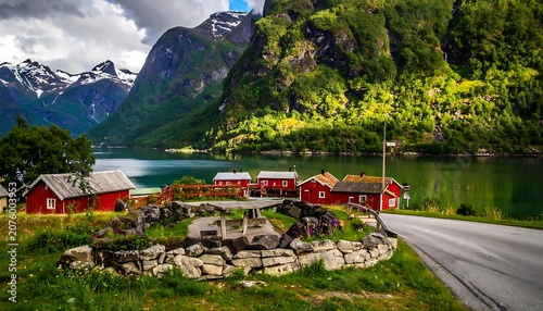A serene mountain village by a lake with traditional houses