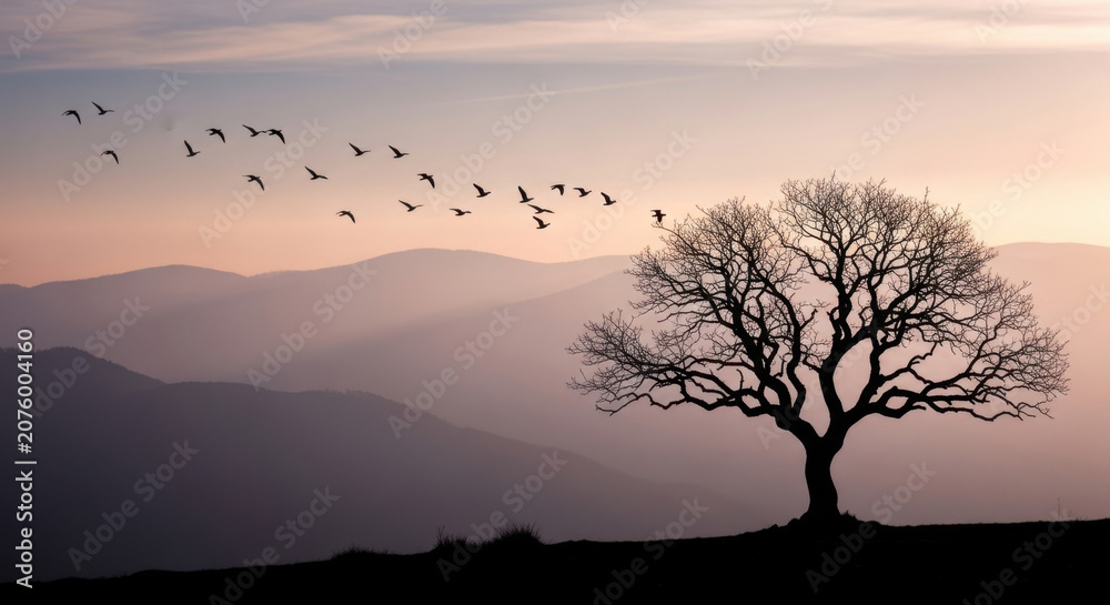 Fototapeta premium Flock of migratory birds flying over silhouettes of large lonely oak tree on hilltop against beautiful pink sunset sky and foggy mountain peaks.