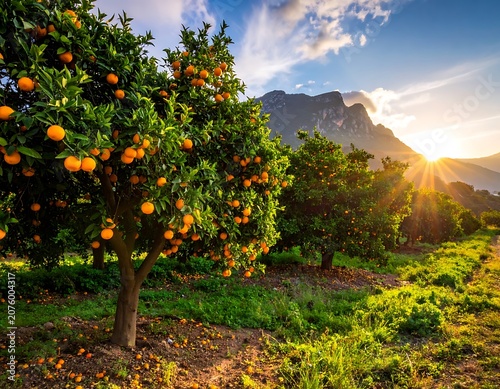 A serene orange grove at sunrise with lush greenery