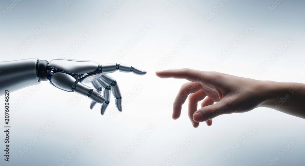 Fototapeta premium Futuristic conceptual image showing mechanical robotic hand touching human hand isolated on white background representing artificial intelligence progress.
