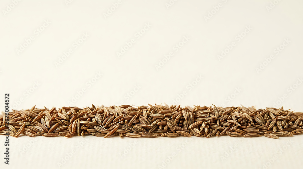 Obraz premium Horizontal line of dried cumin seeds on a light beige ceramic surface