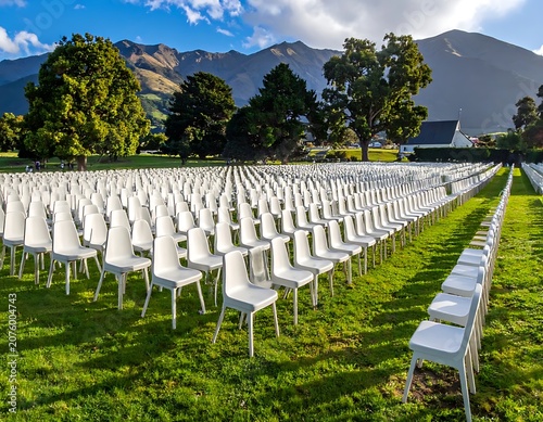 A serene outdoor event setup with white chairs on a green lawn