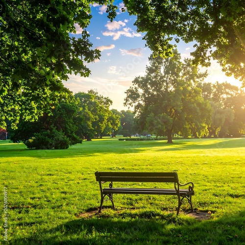 A serene park scene with a bench under trees at sunrise