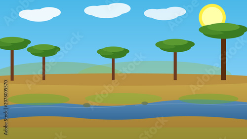 Serene savanna landscape with river trees