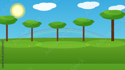 Green landscape with trees rainbow