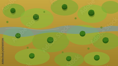 Stylized aerial view of a savanna landscape with green trees and a winding river under a warm yellow sky abstract nature illustration representing ecosystems