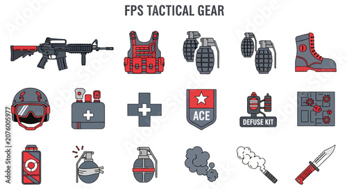 Foto A grid of 17 flat vector icons depicting military or firstperson shooter game ta