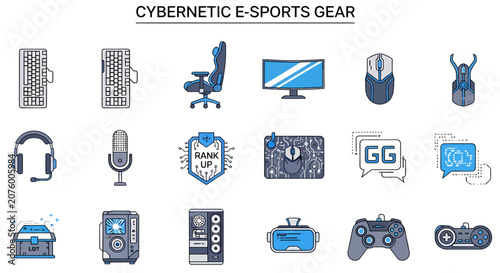 Quadro su tela A grid of 18 blue and grey vector icons depicting various gaming peripherals and