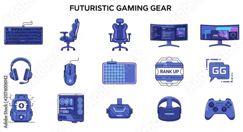Photos A grid of fifteen bluetoned flatstyle icons representing various pieces of futur