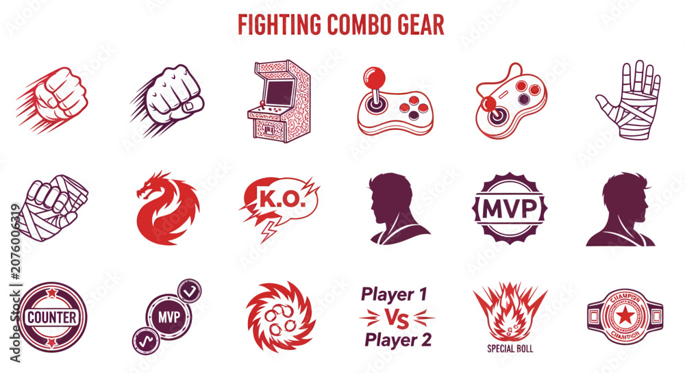 Fototapeta premium An image with eighteen graphic icons illustrating fighting games including fists arcade gear fighters and symbols