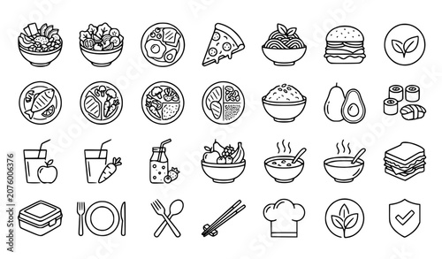 Healthy Meal and Food Outline Icon Set EPS10 Vector