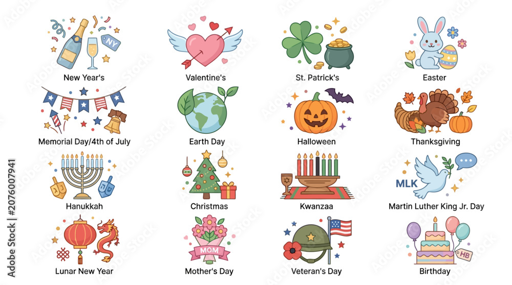 Fototapeta premium A vibrant illustration of various holidays and celebrations from around the world depicted through diverse icons and symbols in a colorful graphic design.