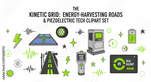 Fotografía Piezoelectric road tech clipart set with solar panels energy tester battery icon