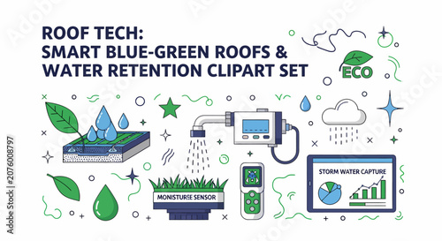 Smart bluegreen roof technology clipart with water sensors irrigation controls and digital monitoring dashboards