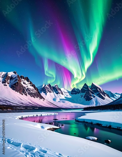 A breathtaking snowy mountain landscape with vibrant aurora lights