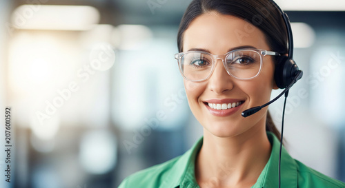 Portrait of a cheerful female call center operator with a headset, offering friendly and professional customer support with a smile