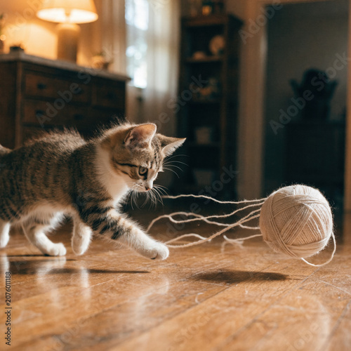 Playful kitten chasing ball on wooden floor in warm home light, curious cat in indoor living room