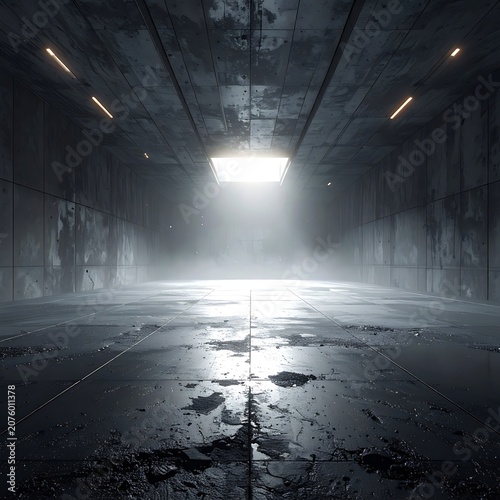 A dimly lit industrial interior with a bright central light
