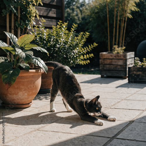 Cat stretch pet feline domestic animal garden patio sunlight outdoor