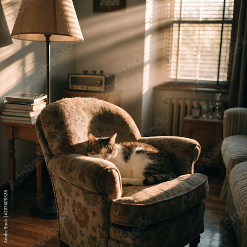 Sleeping cat curled cat armchair living room cozy interior sunlit room domestic cat resting pet vintage chair warm light