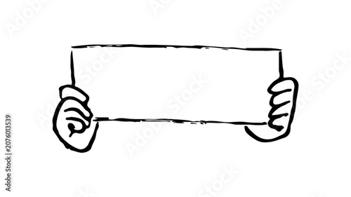 Sketchy cartoon hands holding a white sign board, loop animation vector