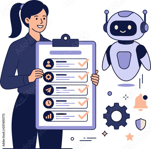 Woman with robot holding checklist for task automation