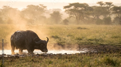 Wild water buffalo bathing in savanna mud pool at sunrise copy space