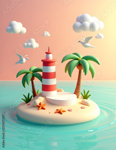 Creative summer sale display stage featuring palm trees and red lighthouse for digital media campaign