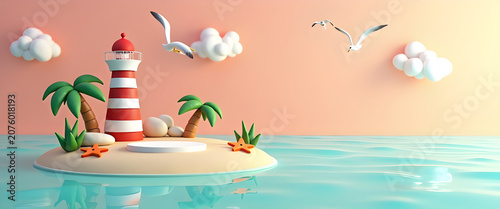Bright tropical lighthouse mockup stand for cosmetic and skincare brand summer product launch web banner
