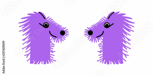 Purple shaggy dog illustrations with simple facial features on white background