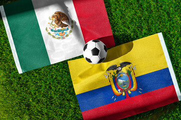 Mexico vs Ecuador, national flags before international football tournament Round of 32 match, football on green grass with goal in the background, Mexico City, Mexico, June 30, 2026
