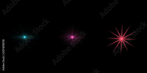 Foto Collection of artistic star flares in pink and cyan hues isolated on black background for aesthetic glowing light ray design