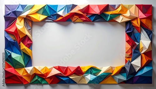 Colorful geometric origami frame in a wide shot for creative display, 3D render style with soft lighting on a white center background.
