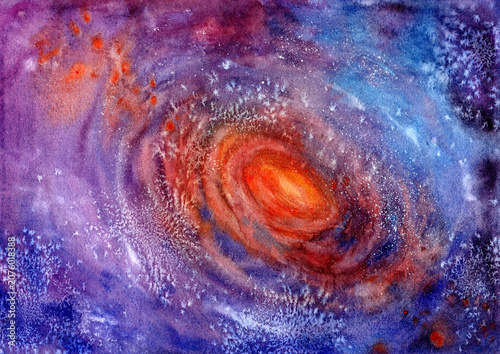 Photos Hand-painted watercolor illustration of a vibrant spiral galaxy surrounded by colorful nebula clouds and countless stars