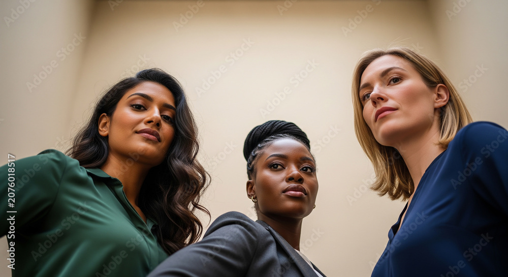 Obraz premium A diverse group of women viewed from a unique low angle, a concept of unity, strength, and looking towards a shared future