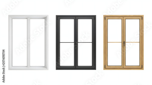 Three Different Window Frames with Clear Glass and Wooden Borders